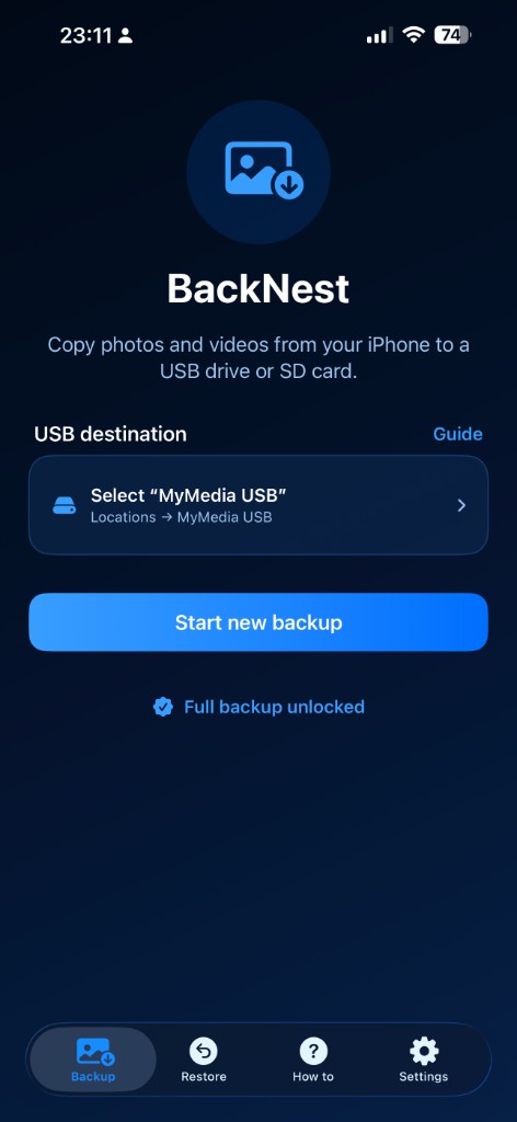 BackNest home — start USB backup