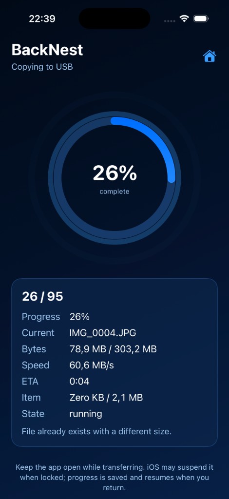 BackNest copying to USB with progress