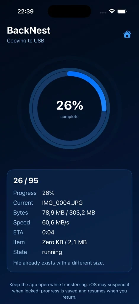 BackNest copying to USB with progress