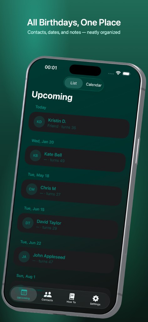 GiftBell upcoming birthdays list