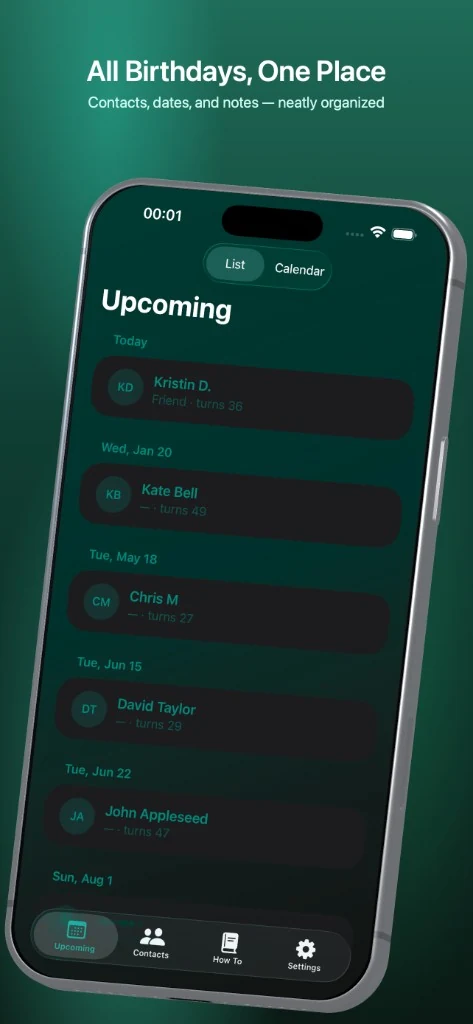 GiftBell upcoming birthdays list