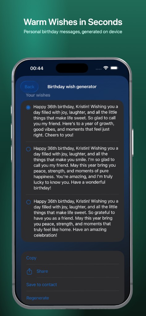 GiftBell on-device birthday wish generator