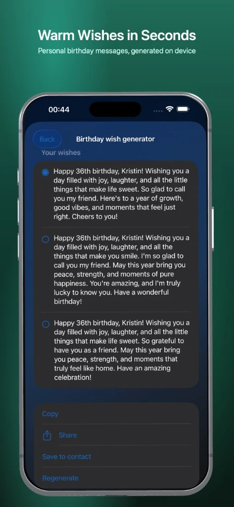 GiftBell on-device birthday wish generator