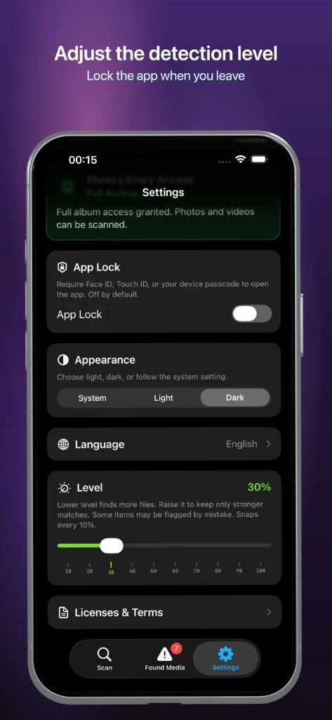 HideRoll Settings — detection level and App Lock