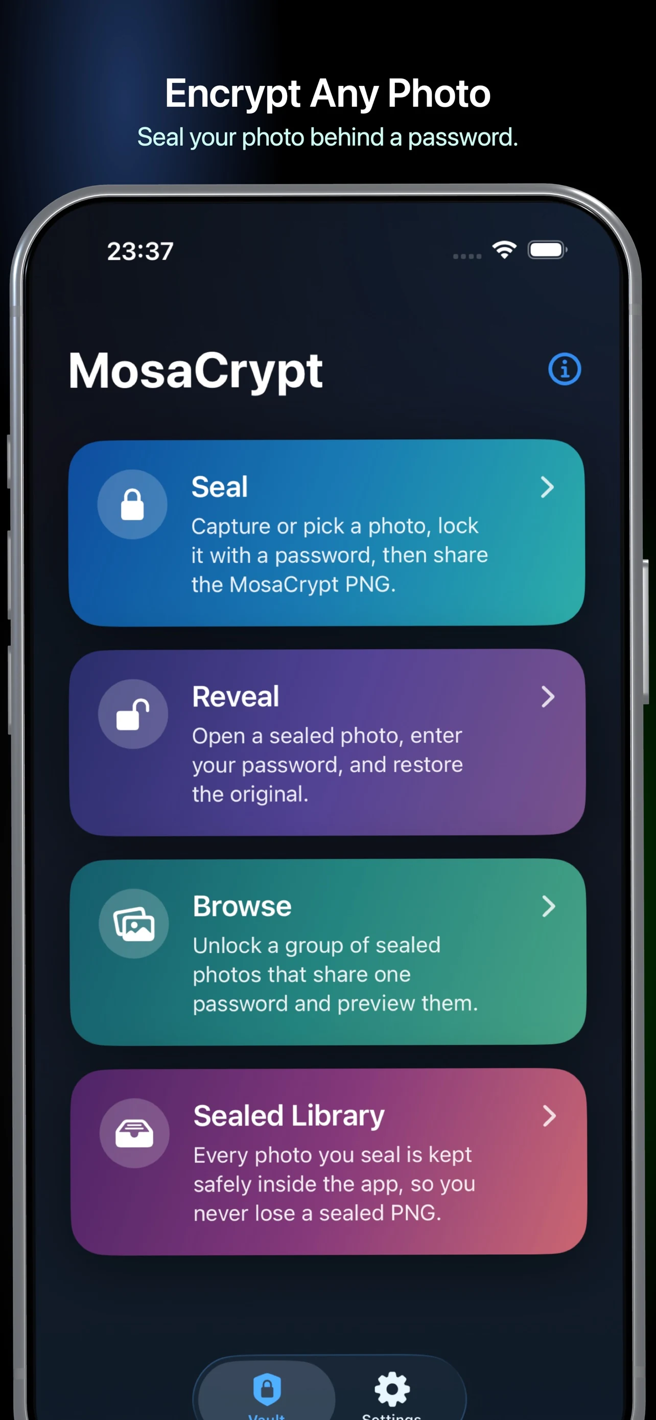 MosaCrypt — seal, reveal, browse, and store protected photos