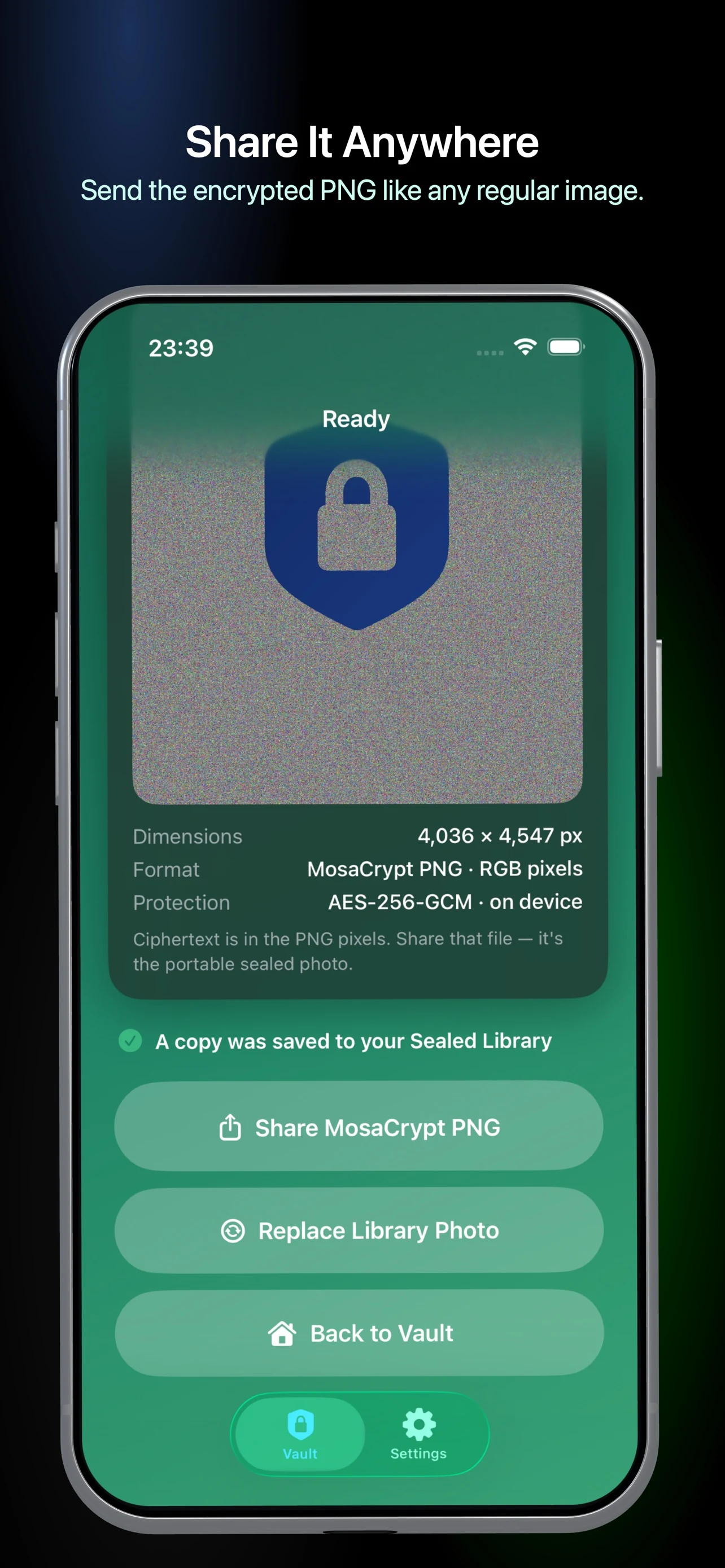 MosaCrypt — share an encrypted PNG anywhere